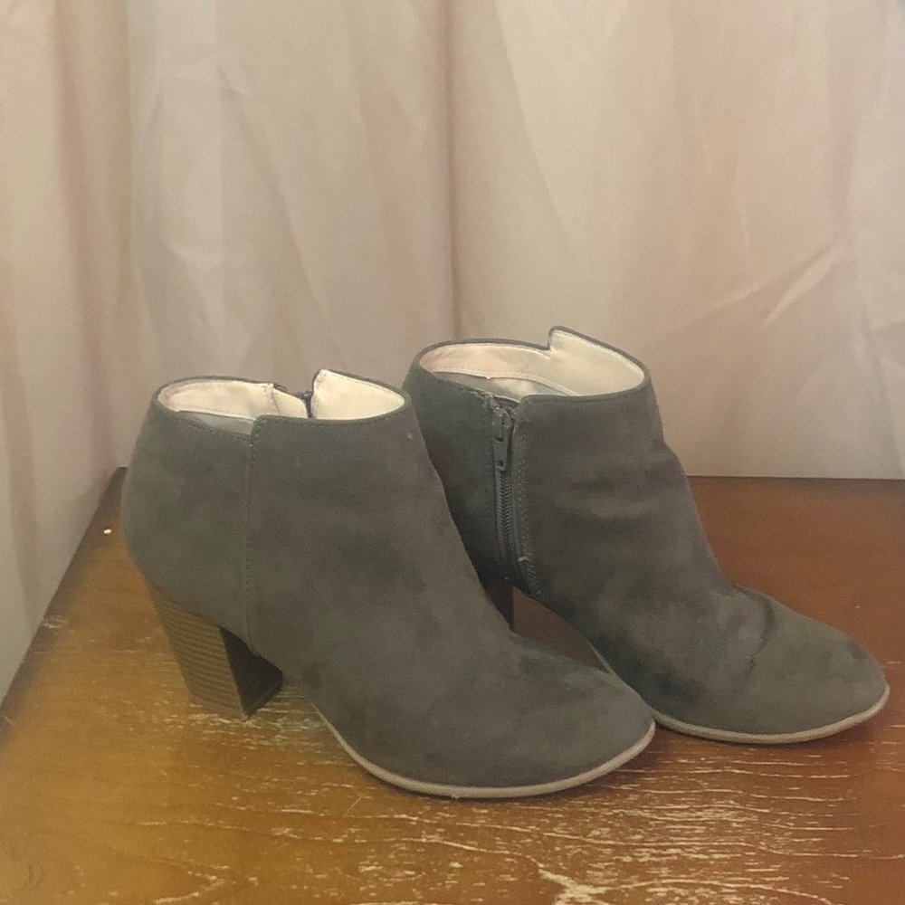 Dark Green "Suede" Stacked Heel Bootie - Picture 3 of 7